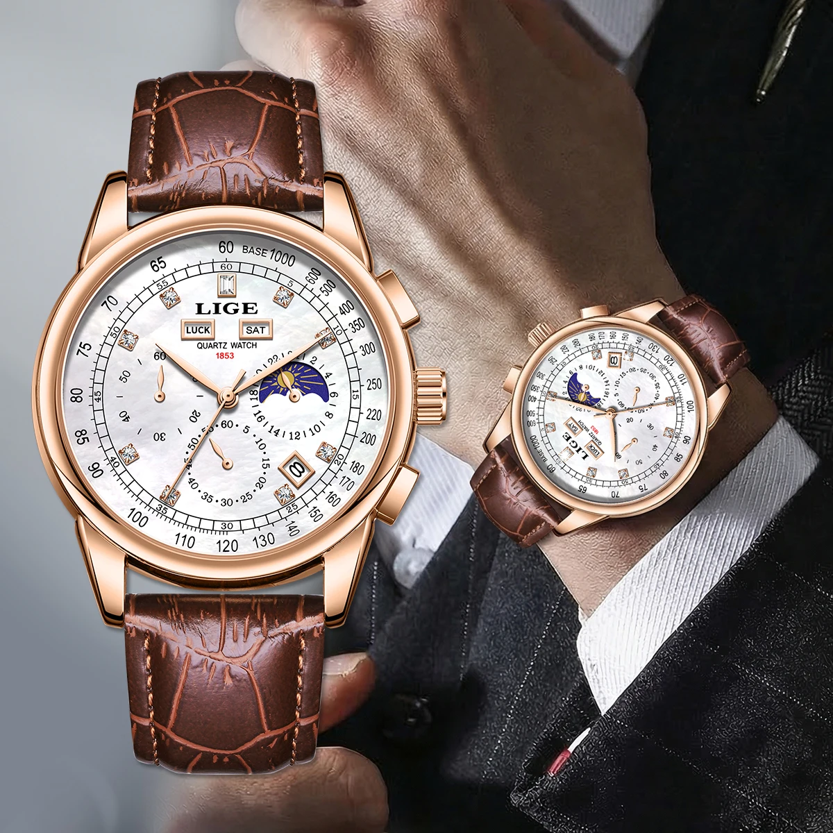 LIGE Top-Marke Luxus Herren Quarzuhren Chronograph Datum Woche Armbanduhr für Männer Wasserdicht Mondphase Herrenuhr