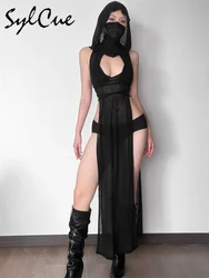 nibber 2024 Summer High Street Travel Cool Confident Black Mysterious Sexy Open Avant-garde Sexy Hot Cool Women's Hooded Dress