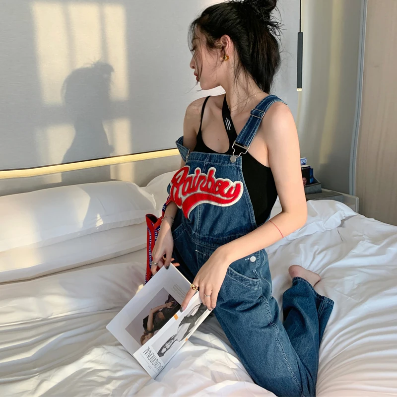 Women's Classic Adjustable Strap Denim Bib Overalls Korean Y2k Denim Jumpsuit Trousers Baggy Dungarees Distressed Jeans Ladies