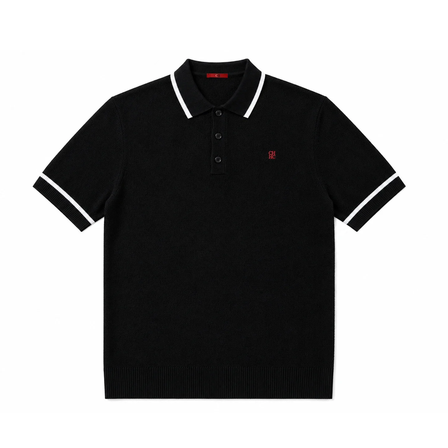 CH Herren-Polo mit Rippenbündchen, gestreiftem Kragen und Ärmelbündchen, kleiner Kontrastbuchstaben-Stickerei auf der Brust, aus Mesh-Strick, Kurzarm, für Büro und Alltag, elegantes Oberteil – Detail 3