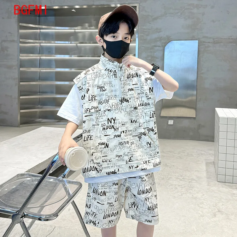 

Summer Two-piece sets Big Boys Patchwork Print Set 2024 New Korean Children's Clothing Teens Boy Baby T-shirt and Shorts Outfits