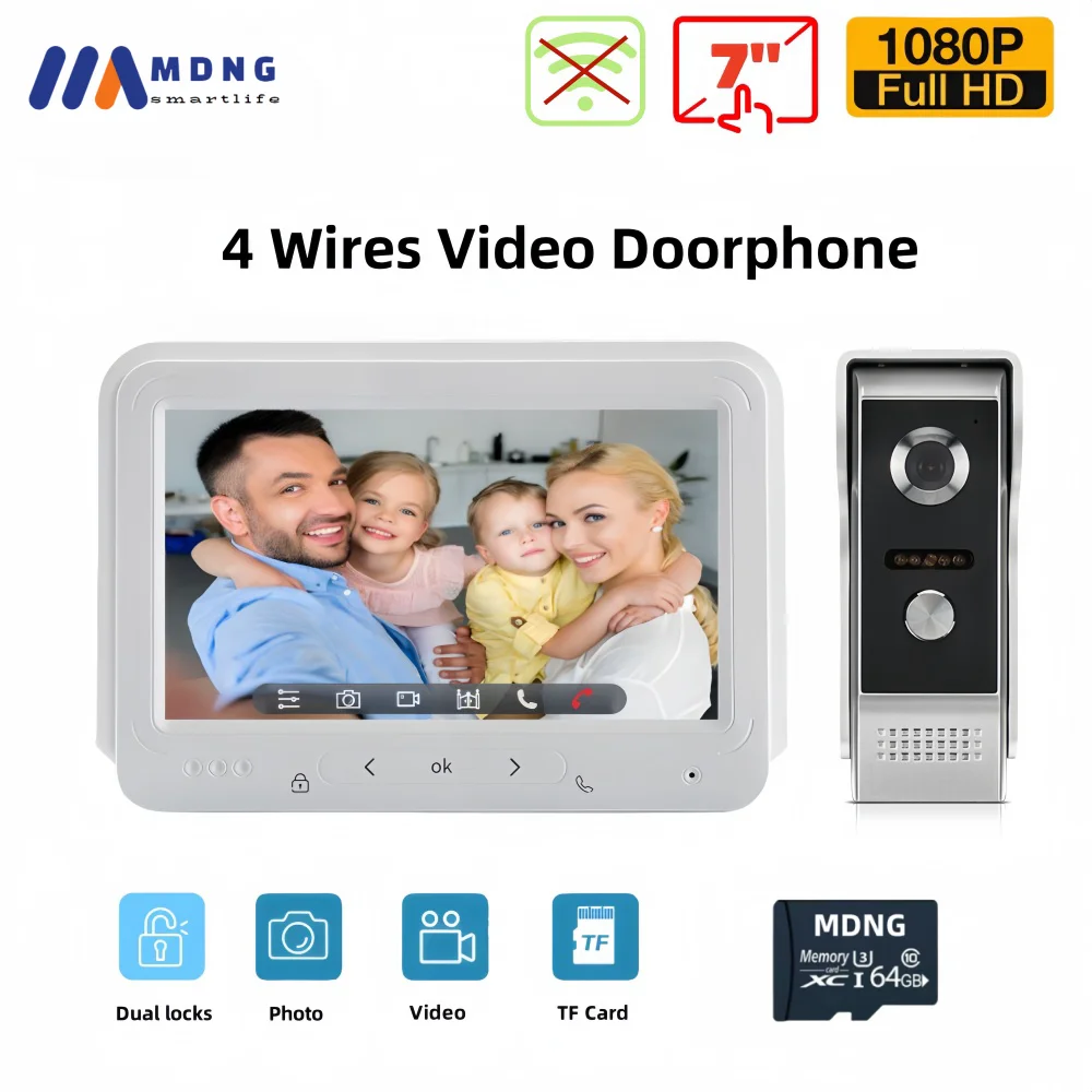 Wired Video Doorphone Intercom Systems HD1080P Night Vision 7 Inch Apartment Doorbell Photo&Video Recording Two locks Contral