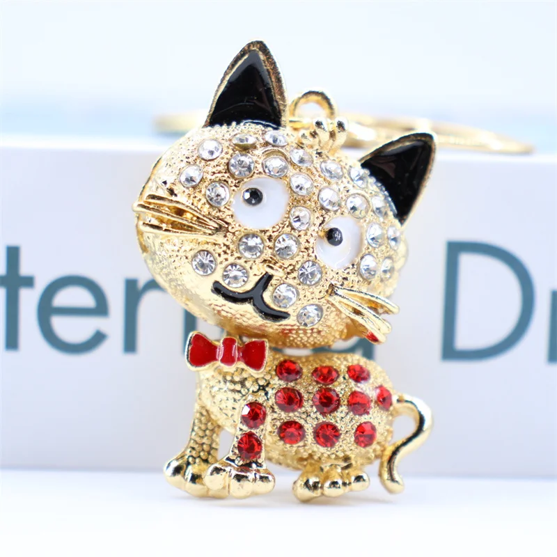 Cute Full Crystal Cat Kitten Keychain for Women Animal Alloy Rhinestone Charm Bag Car Accessories Key Ring Jewerly Gift