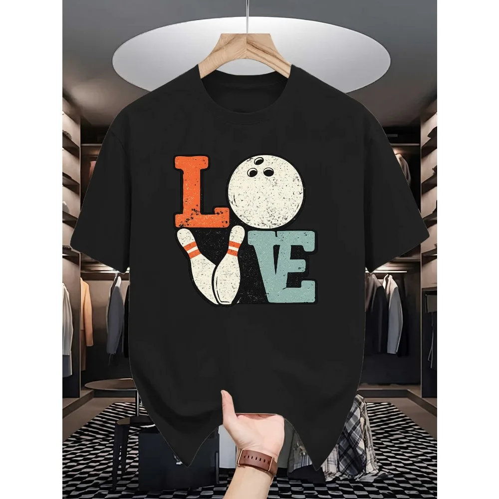 Mens Love Bowling Vintage Graphic Tee Retro Bowling Ball Pins Print O Neck Short Sleeve Cotton Tops For Bowling Hobby Lover Men