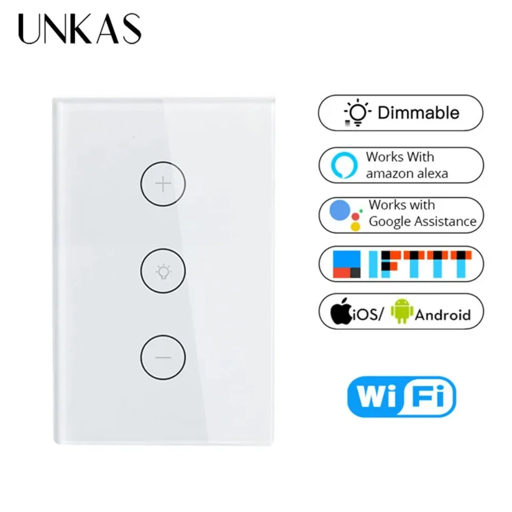 UNKAS Life WiFi Smart Dimmer Light Switch APP Remote Control Works With Alexa And Google Home IFTTT Tempered Crystal Glass Panel