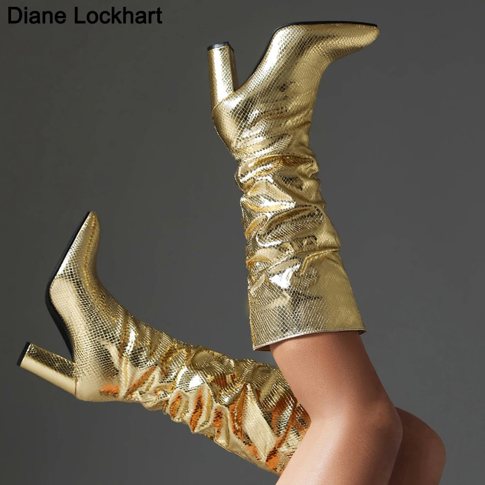 Glitter Shiny Women\'s High Boots Pointed Toe Slip-on Long Boots Green Blue High Heels Sexy Chunky Heel Ladies Party Shoes New