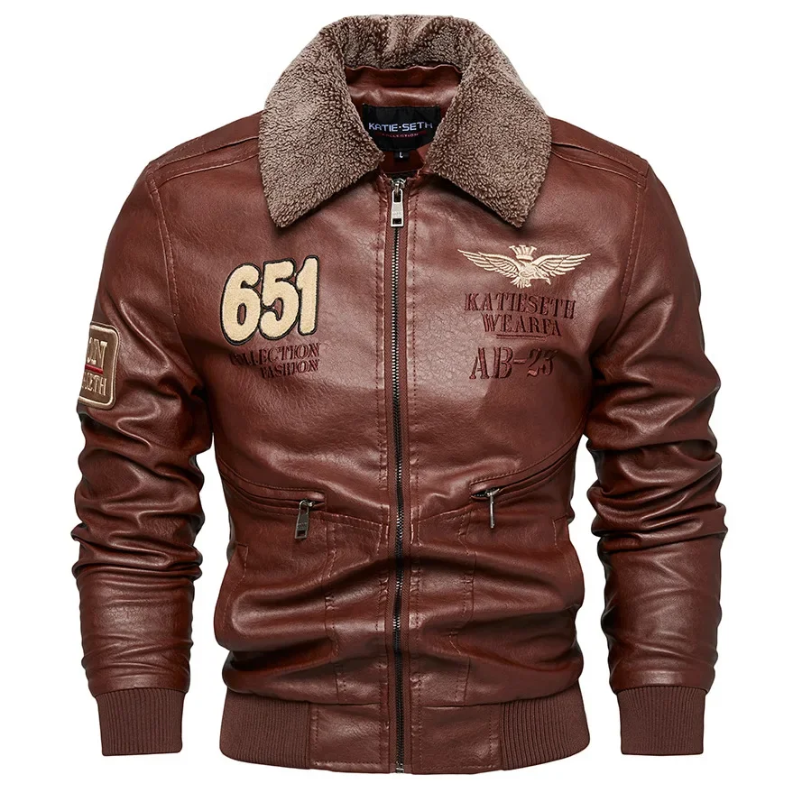 Blouson aviateur militaire en cuir PU pour hommes, manteau coupe-vent à col en fourrure, vêtements d'extérieur chauds en cachemire, blouson optique, sourire