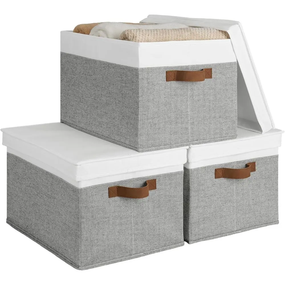 

Storage Bins with Lids, Decorative Storage Boxes with Lid and PU Handles, Foldable Storage Baskets for Closet, Shelves, Stackabl