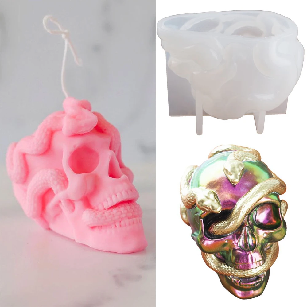 3D Skeleton Head Silicone Mould Double Snake Skull Halloween Horror Decoration Candle Wax Mold Cement Plaster Resin Craft Molds