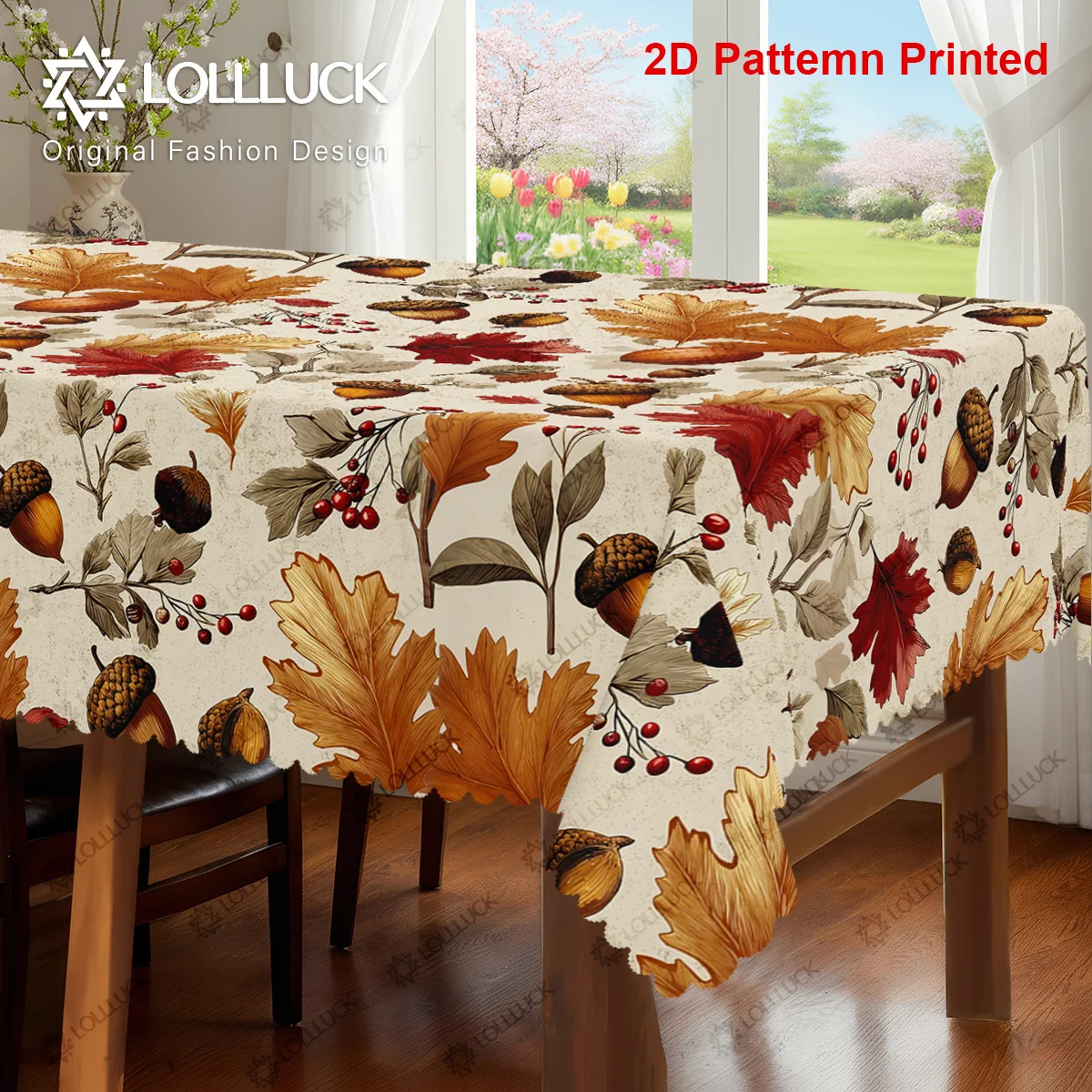 1 piece, a tablecloth with the maple leaf theme, featuring a vintage autumn harvest print of acorns, oak leaves and nuts.kdj