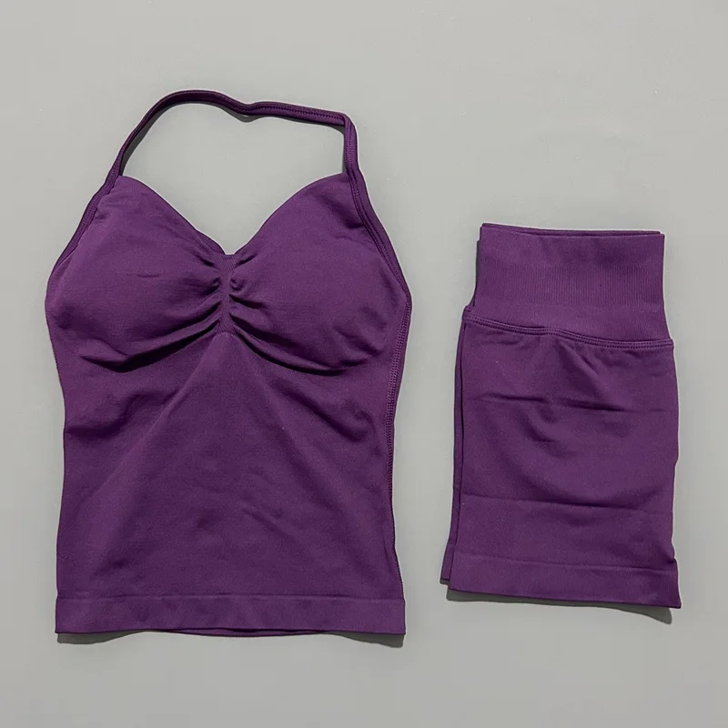 HITELLO Gym-Shorts-Set für Damen, nahtlos, Yoga, Longline-Top mit Trägern, Scrunch-Butt-Workout-Shorts-Set, Fitness, zweiteiliger Sportanzug – Detail 12
