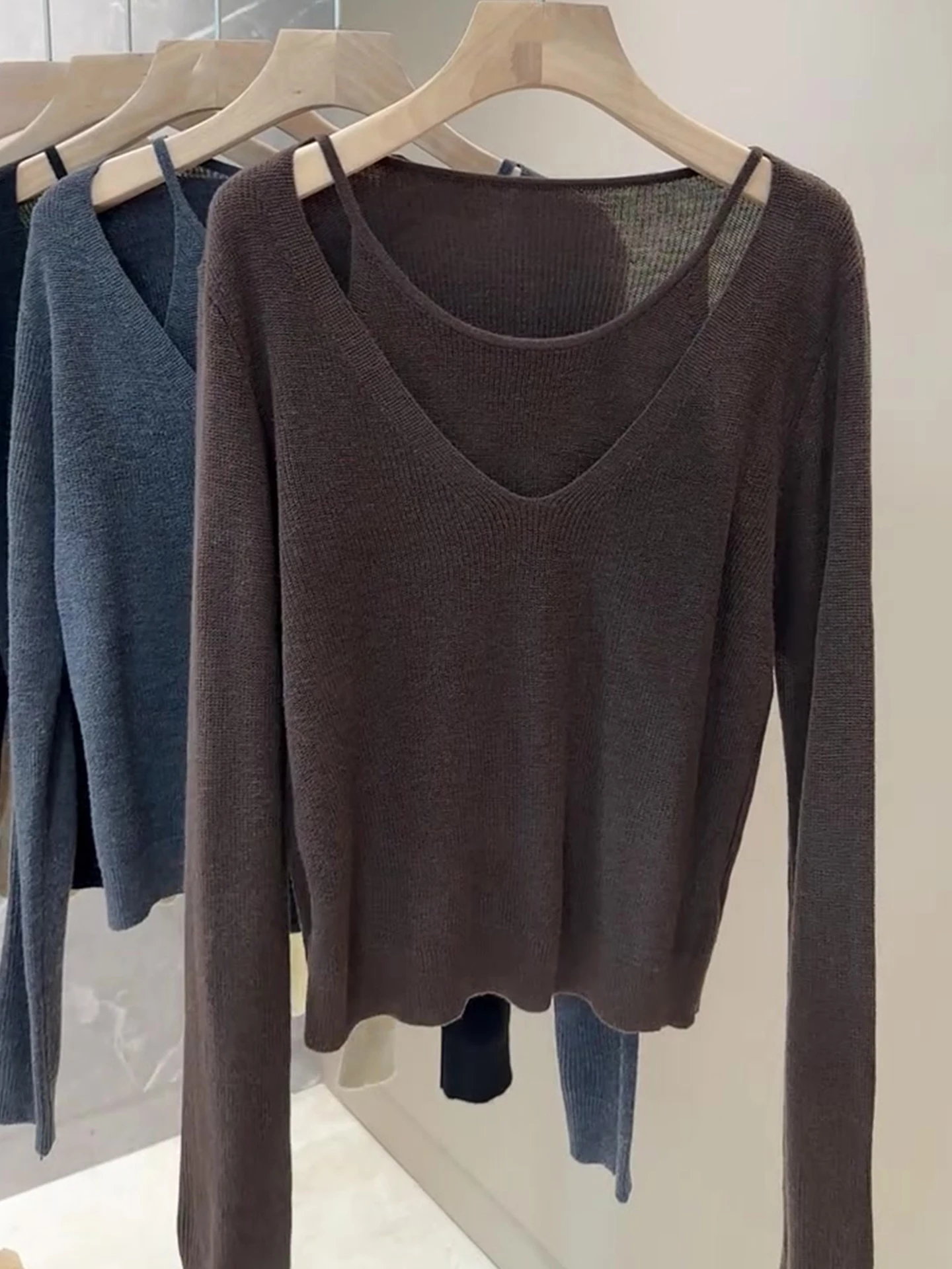 Retro Gebreide Lange Sve Base irt Casual Pure Kleur Lazy Sle Herfst Top Ensemble Nep Tweedelige Set Pendelen Koreaanse versie