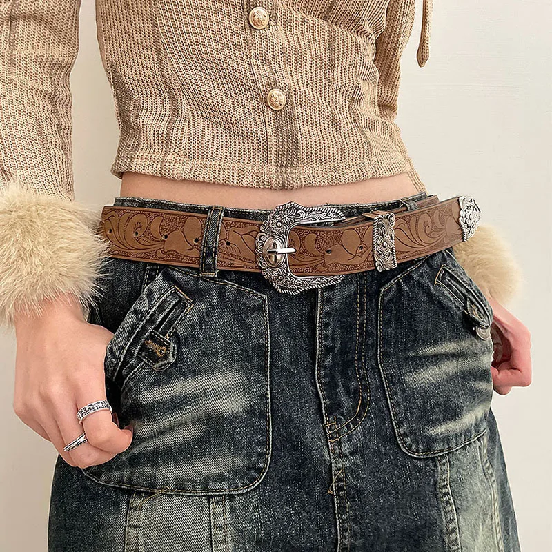 1PC Vintage-Inspired Metal Flower Buckle Belt - Embossed PU Leather - Fashion Accessory for Casual & Dress Attire, Unisex