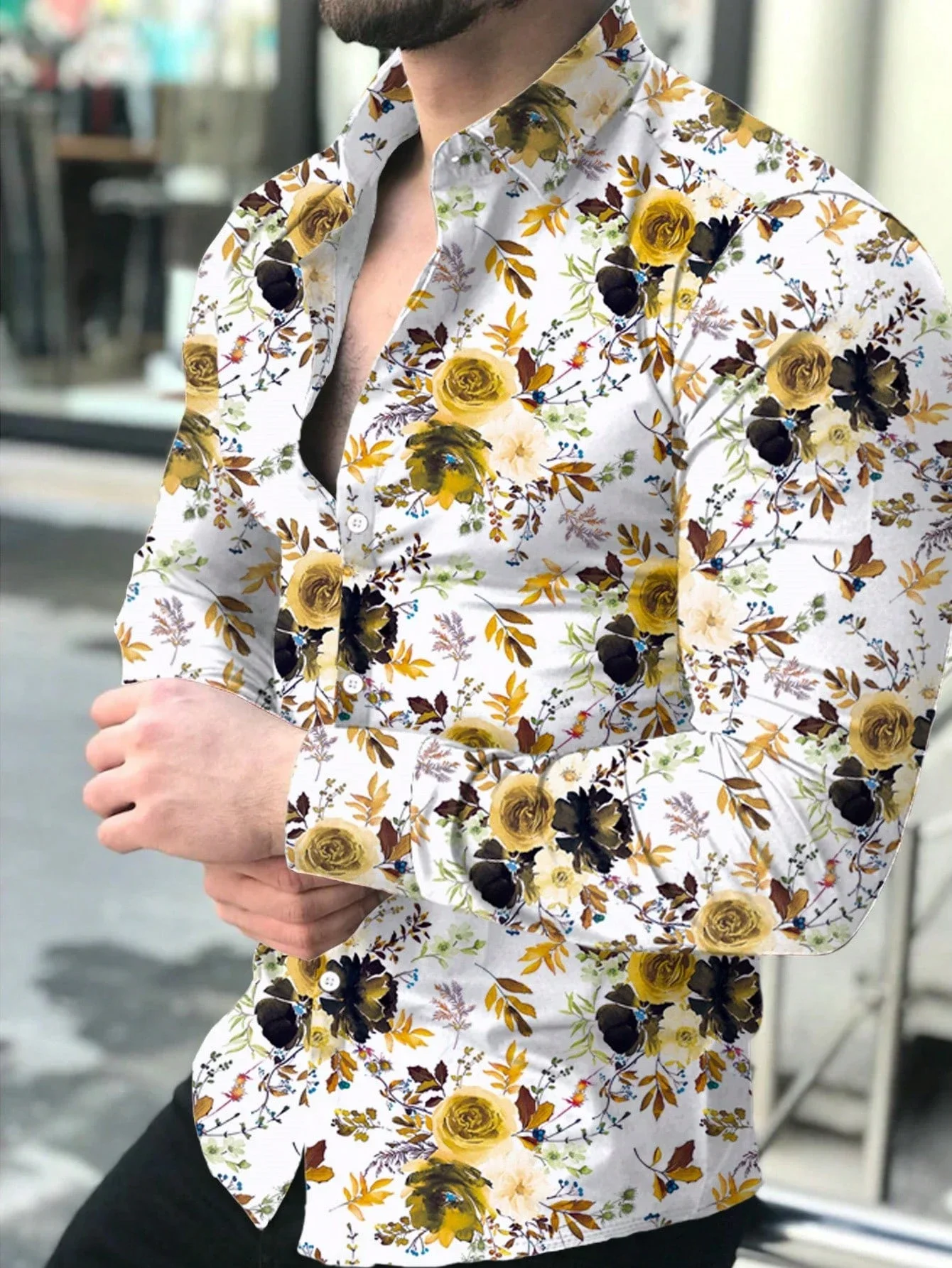 Men's simple and fashionable plant flowers 3D printed long-sleeved lapel shirt Hawaiian beach casual style shirt business simple