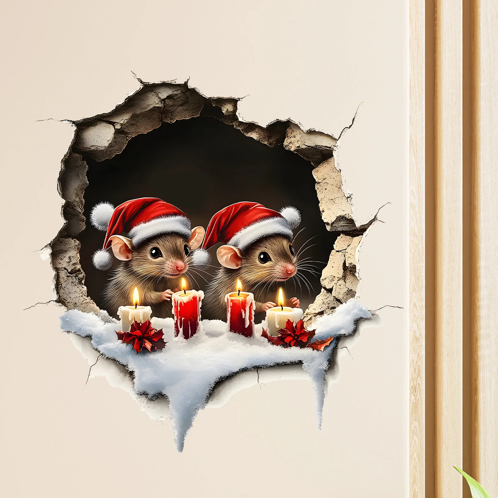 Christmas Mouse Wall Sticker Festive Mice with Santa Hat  Christmas Decoration for Window Living Room Xmas Wall Decor
