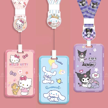 Sanrio Hello Kitty Kuromi ID Badge แบบรีลกระเป๋าเก็บบัตรสายคล้องคอมหาวิทยาลัยนักเรียน sampul kartu รถบัสเคสใส่บัตรได้