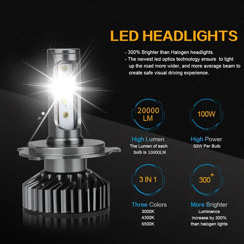 Imagen 2 del producto 3000K 4300K 6000K 3 en 1 Lámpara de coche H1 H4 H7 H8 H11 9006 HB4 9005 HB3 Faros LED 100W 12V Luz blanca amarilla súper brillante