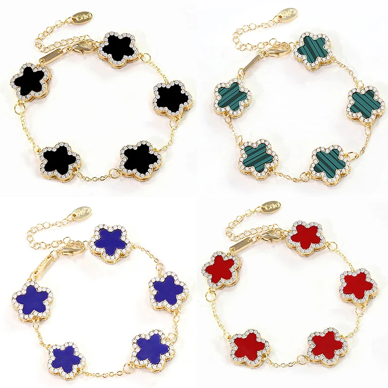 Hot selling item five flower bracelet for women fashion two sided with stone Imitation fritillaria link bracelet jewelry