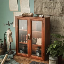 Vintage Desktop Storage Boxes Wooden Glass Storage Cabinets Storage Racks Wooden Household Multi-Layer Cosmetics Organizer Box