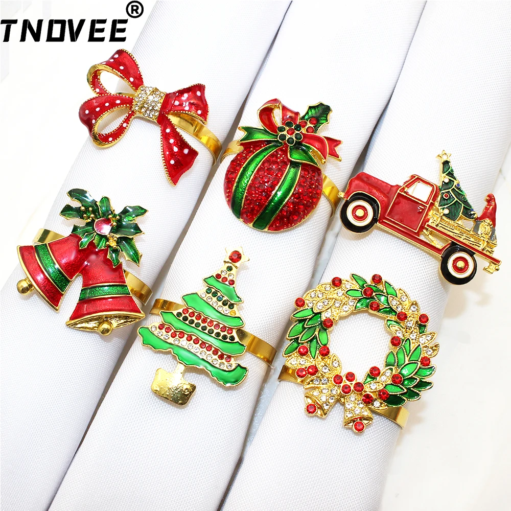 6Pcs Christmas Napkin Ring Set Rhinestone Xmas Tree Bow Bell Car Wreath Napkin Holder Gold Napkin Buckle for Christma Table Deco