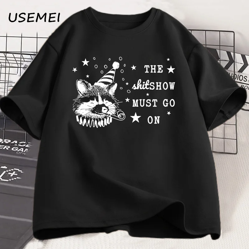 The Shitshow Must Go on Funny Raccoon Tshirt Men Women Vintage Retro Graphic T Shirts Casual Cotton Short Sleeve Graphic Tees