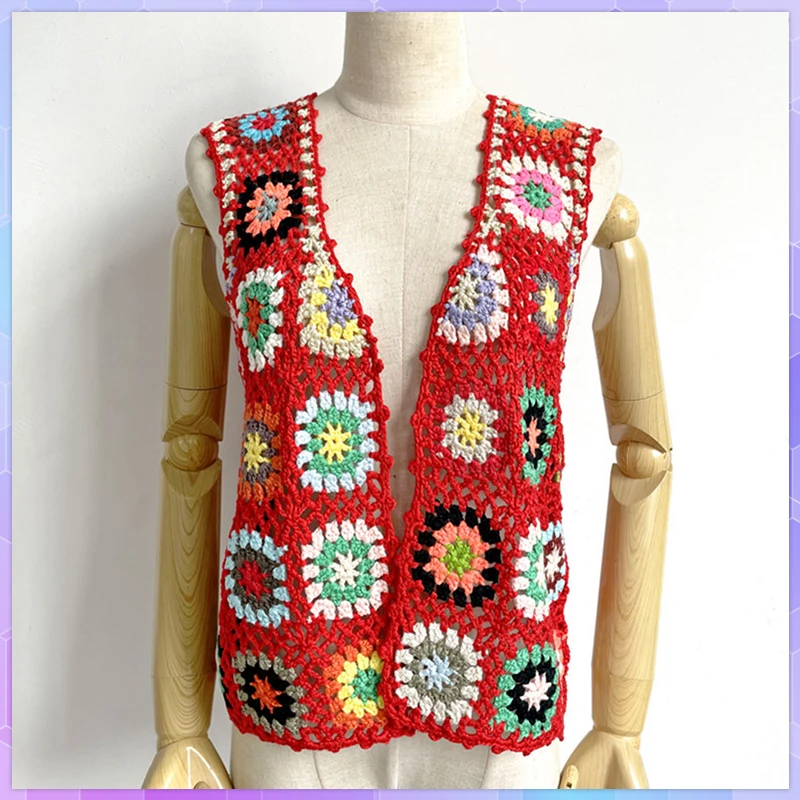 Crochet Women Knitted Vest Summer Retro Sleeveless Ladies Vests Jacket Cardigan Boho Coats Bohemian Beach Embroidery Waistcoat