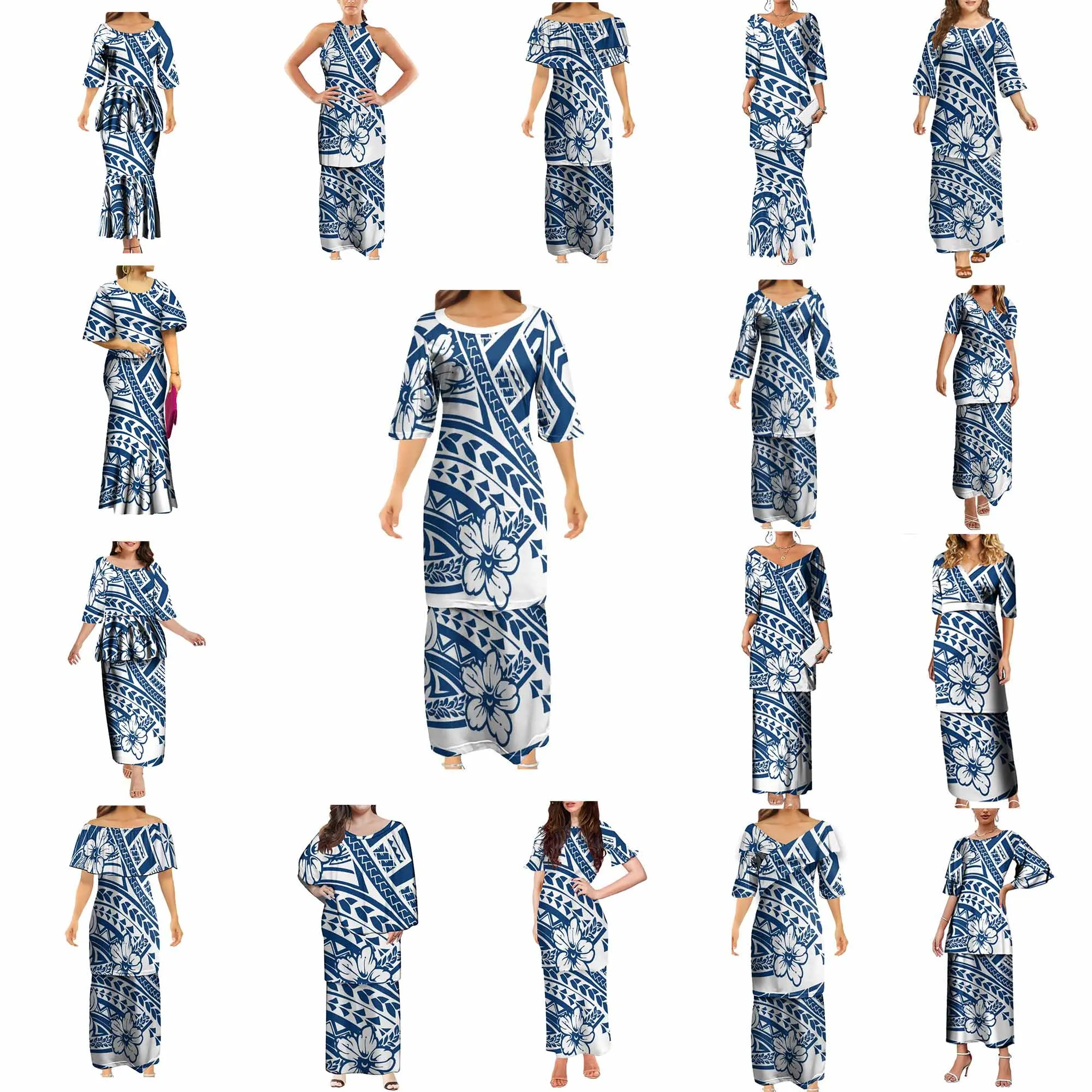 

Polynesian Ladies Multi-Style Puletasi Summer Style Set Dress New Long Dress With Men'S Short-Sleeved Shirt Long-Sleeved Shirt