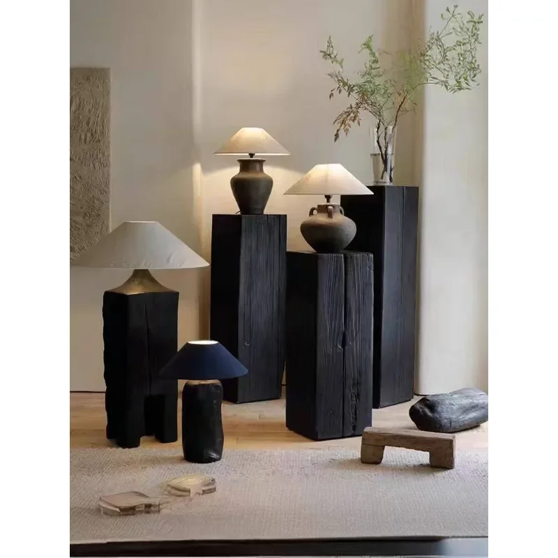 Nordic root carving wabi-**** wind retro carbonized porch ornament flower stand art base coffee table heightening square wooden