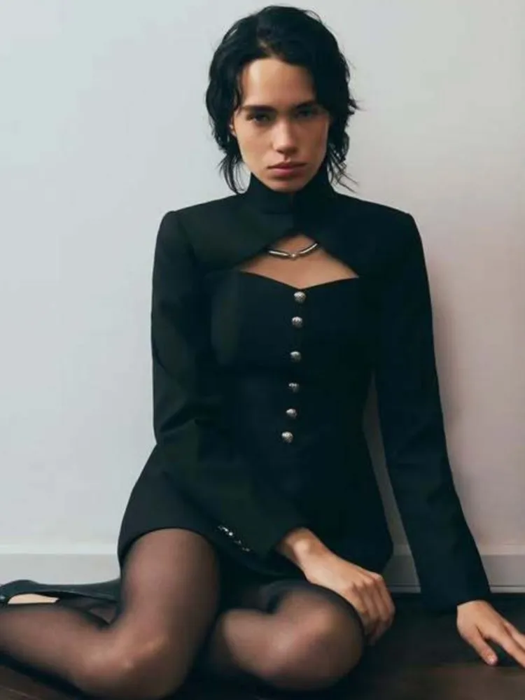 فستان نسائي أنيق فاخر رسمي أحمر أسود بياقة مدورة فستان قصير موضة كم طويل للسهرة للسيدات فساتين حفلات الشارع ربيع 2026 #4