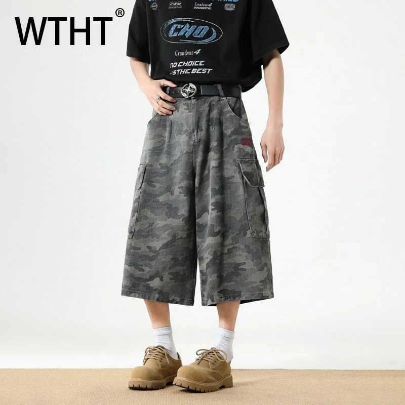 

WTHT Vintage Men's Camouflage Pocket Cargo Denim Shorts Fashion American Style Straight Loose Short Pant Male 2025 Summer 2A0940