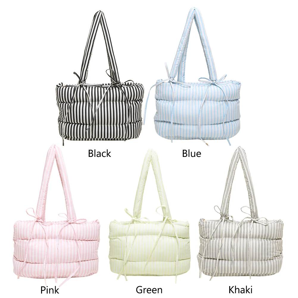 Women Puffer Tote Bag Striped Shoulder Bag Hasp Closure Quilted Tote Bag Padded Shoulder Handbag Stylish Commuting Bag