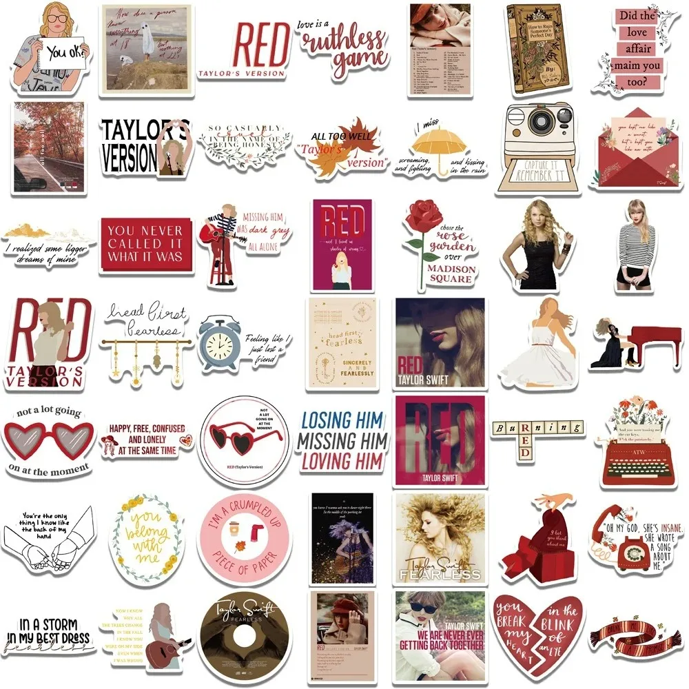 50 قطعة من ملصقات الرسوم المتحركة Red Fearless Taylor للأمتعة والكمبيوتر المحمول ولوحة التزلج وكأس الهدايا والمجلة المقاومة للماء