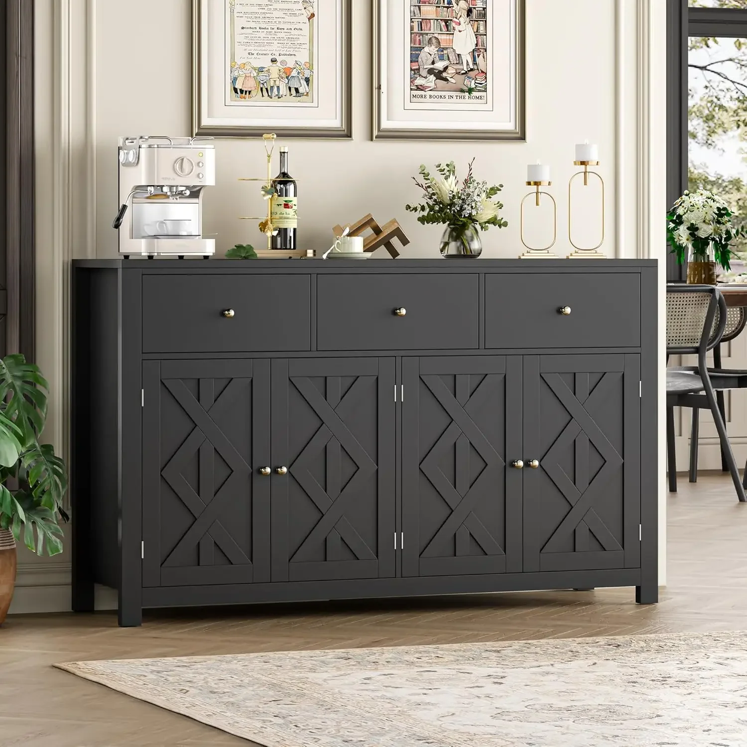 

55.1” Large Sideboard Buffet Cabinet, with 3 Drawers and 4 Doors, Wood Coffee Bar Cabinet for Kitchen, Black