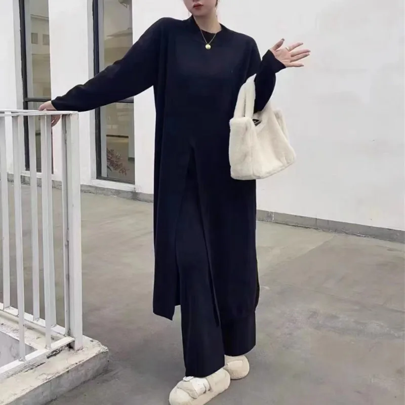 EAEOVNI بلون محبوك 2 قطعة مجموعة النساء شتاء جديد سبليت تصميم سترة طويلة واسعة الساق السراويل السراويل ملابس كاجوال