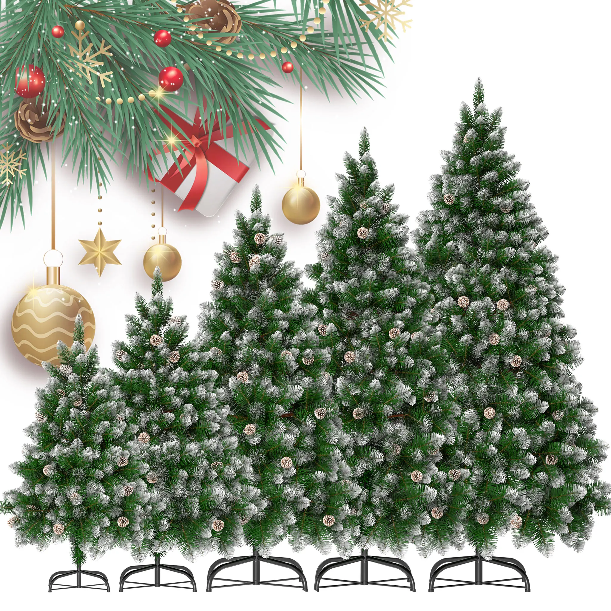 Albero di Natale artificiale in PVC verde, con pigne e effetto neve, disponibile nelle dimensioni 1,2 m/1,5 m/1,8 m/2,1 m/2,4 m, con rami folti, decorazione natalizia riutilizzabile con supporto in