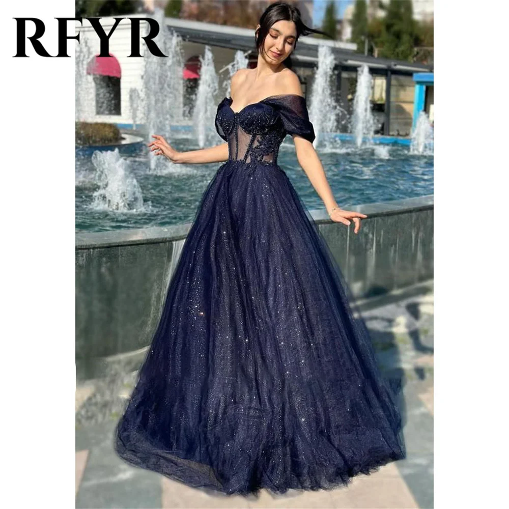 RFYR Black A Line Party Dresses Off the Shoulder Glitter Formal Dresses Appliques Lace Formal Gown Long Evening Dress Customized