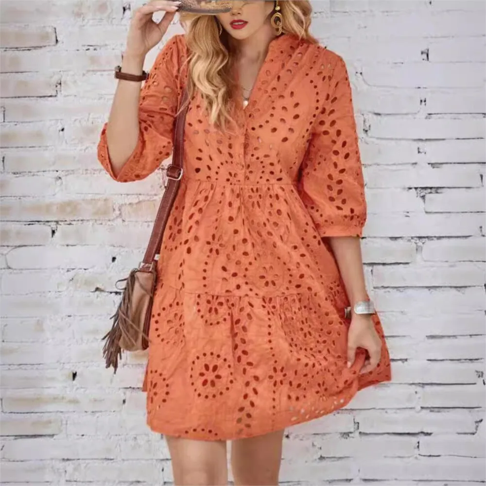 Spring Summer New Solid Color Hollow Out Fashion 7 Point Sleeve Dress Wmen\'s Casual Loose Simple Elegant Female Holiday Dresses