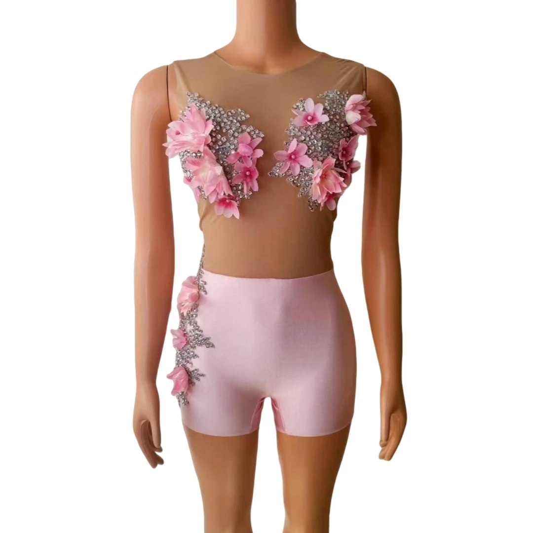 

Flower Romper For Women Sheer See Thru Jumpsuits Drag Queen Party Club Costume Las Vegas Showgirl Stage Wear Sleeveless Pink