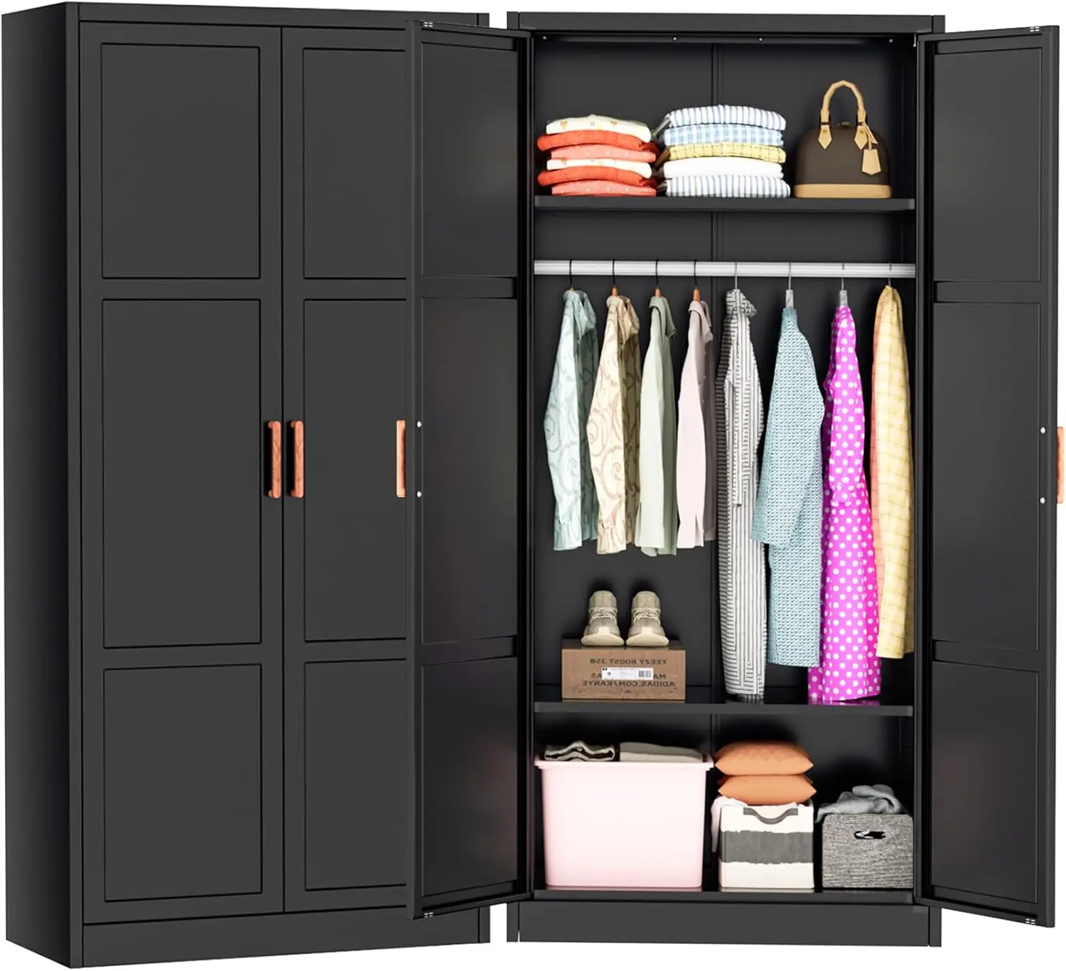 

Metal Wardrobe Cabinet with Wooden Handle, 72" Black Metal Wardrobe Closet with Hanging Rods and Adjustable Shelves