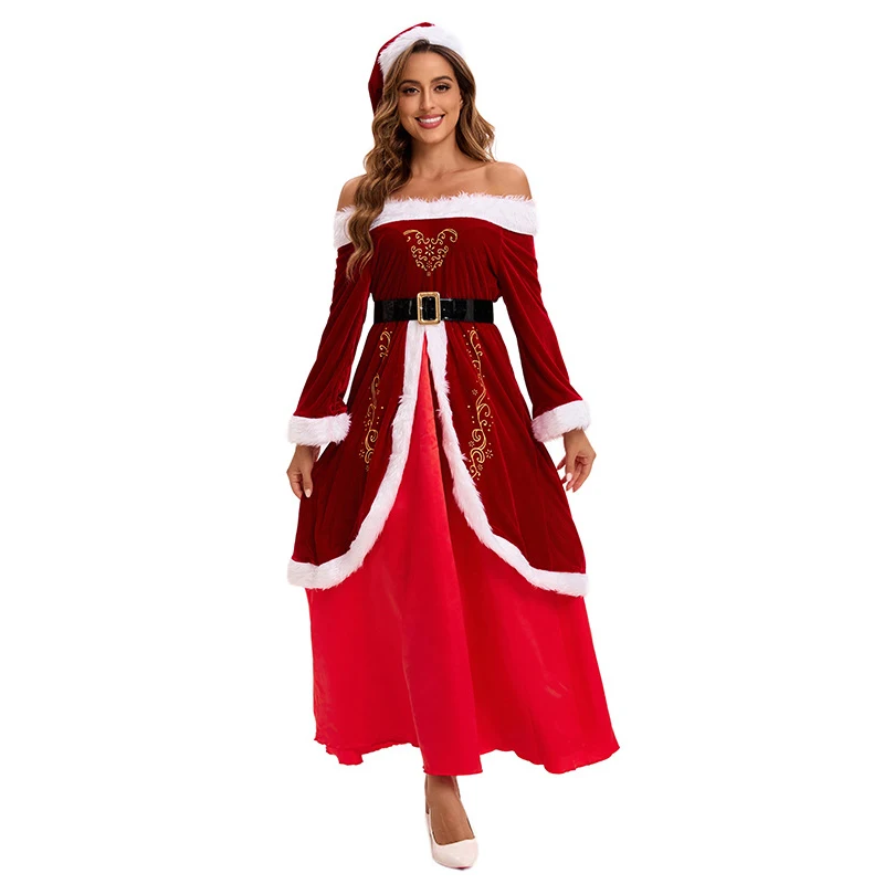 Christmas Santa Claus Cosplay Costume Adult Women Dress Hat Suit Man Role Play Outfit Uniform Xmas Full Set