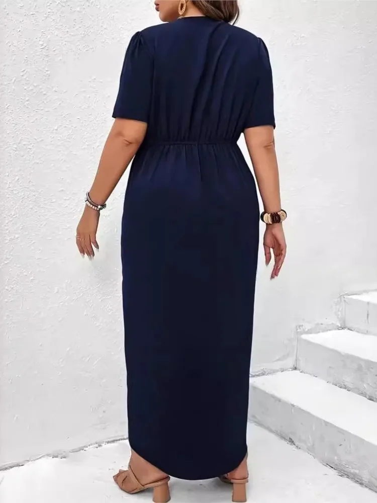 Plus Size Summer V-Neck Midi Dress Women Irregular Ruffle Pleated Fashion Slim Waist Ladies Dresses Short Sleeve Woman Dress