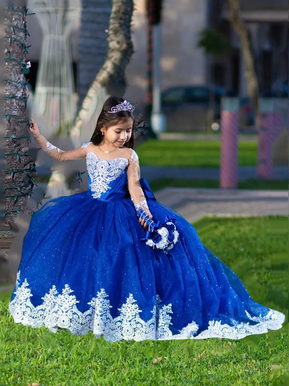 Vestidos de tule de renda para meninas, mangas compridas, vestido princesa concurso com trem, laço, vestidos de festa comunhão, casamentos