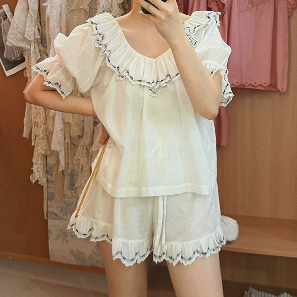 100% cotton daisy floral embroidery sweet French pajama set for girls women short-sleeved home wear for summer loungewear