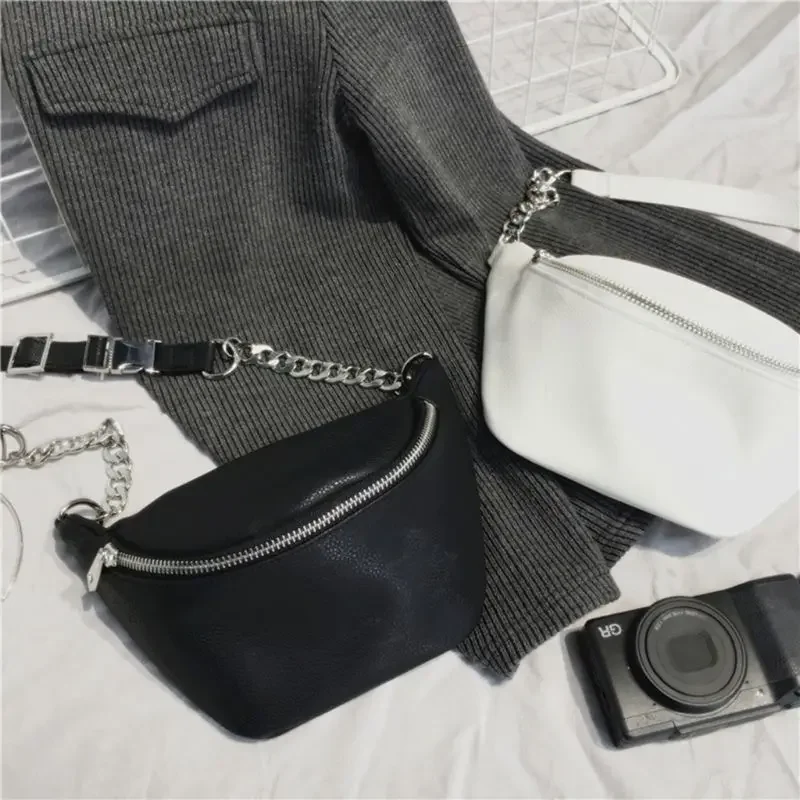 Fashion Leather Waist Fanny Pack Chest Bag Phone Purse with Metal Chain for Women