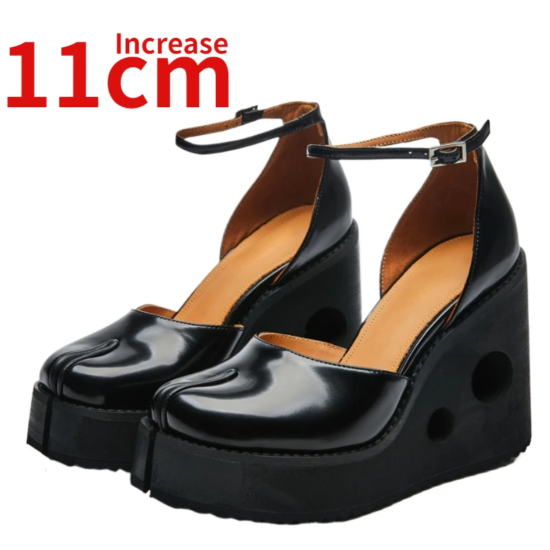 

Split Toe Shoes New Increased 11cm Thick Soled Height Increasing Shoes Genuine Leather Hand Sewn Horseshoe Shoes Hollow Sandals