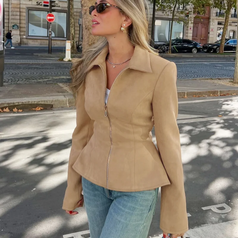 Vintage Women Faux Suede Jacket Zip Up Peplum Hem Slim Waist Short Coat 2026 Autumn Winter High Street Classic Commute Outerwear