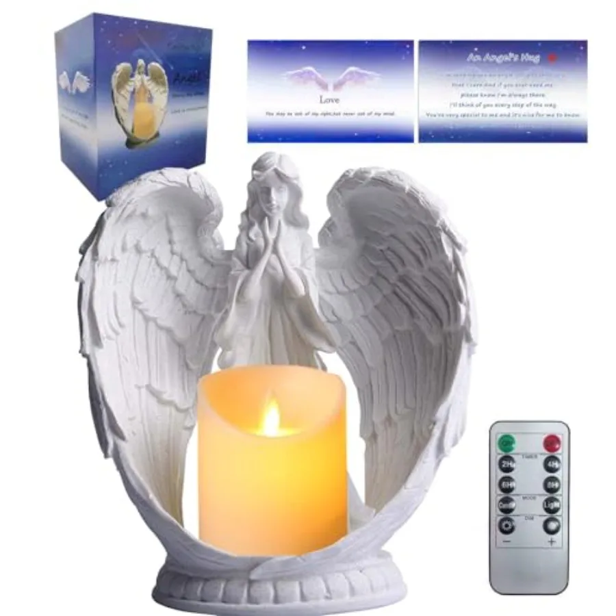 

Starry Sky White Sandstone Prayg Angel Statue Angel Wg Figure Prayer Home Decor Memorial LED Candle Holder ch Remote Control wi