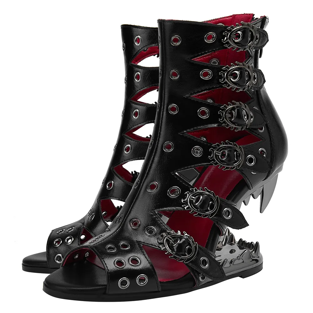 

Женские готические туфли-помпоны на высоком каблуке, сексуальные женские босоножки с открытым носком, круглым вырезом, вырезами и заклепками, женские туфли на молнии сбоку для вечеринок