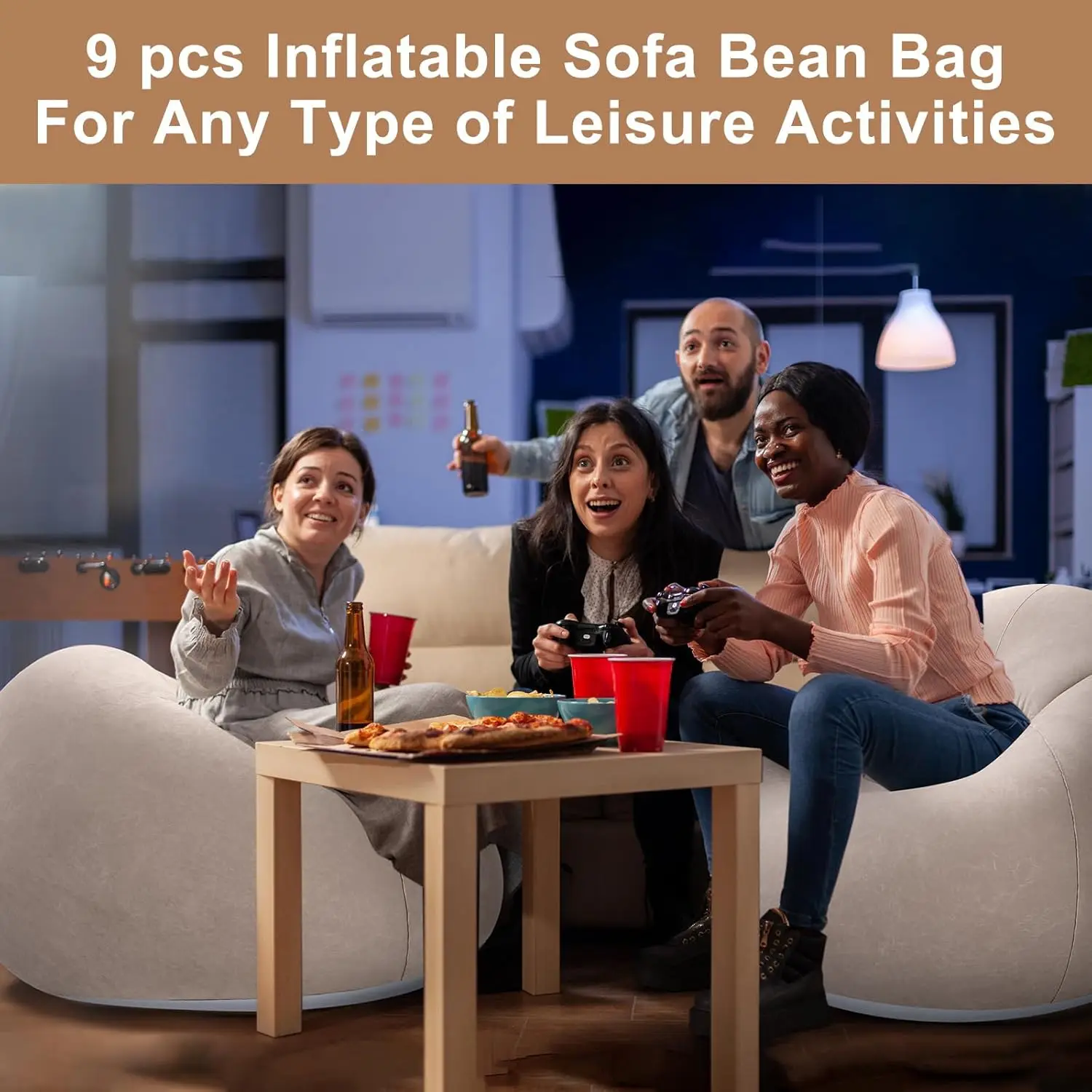 9-Piece Inflatable Bean Bag Chair Set with Electric Pump, Portable Blow Up Couch for Outdoor Camping and Indoor Use