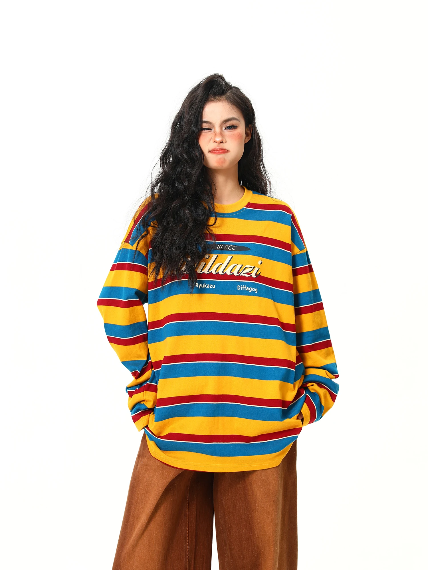 

Wild Original American Retro Rainbow Stripes Long Sve T-irt Women's Color Blo Aosphere Loose Top Cotton Casual Sle